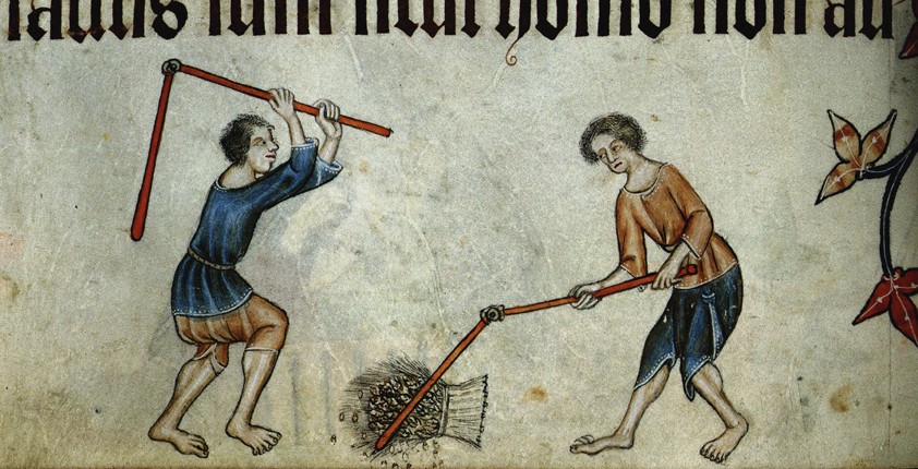 Two men threshing sheaf (From the Luttrell Psalter) from Unbekannter Künstler