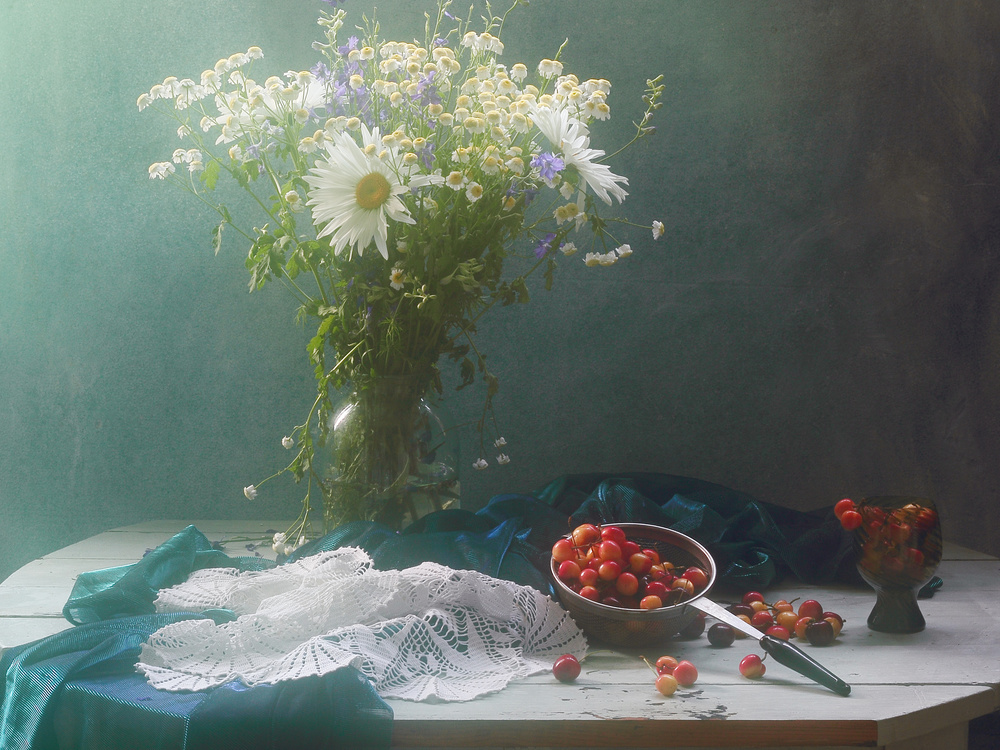 Still life with Cherry and Chamomiles from UstinaGreen