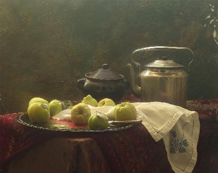 Still life with quince and kitchenware