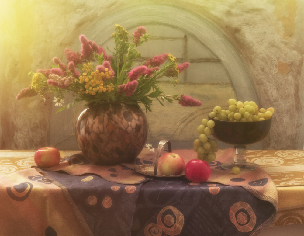 Still Life with Grapes. Flowers and Apples from UstinaGreen