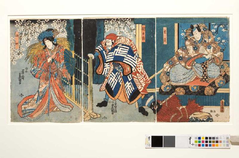 Munesada, Kuronushi und Komachi am Pass von Ausaka (Aus dem Kabuki-Schauspiel Die junge Dichterin On from Utagawa Kunisada