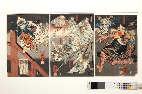 Auf der Brücke kämpfen Ushiwakamaru und der Tengu gegen Benkei