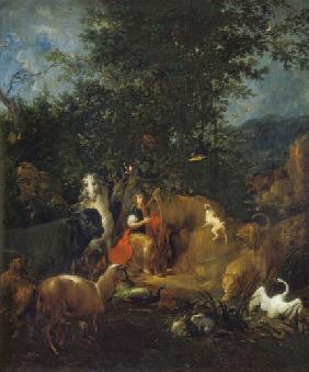 Orpheus plays in front of the animals