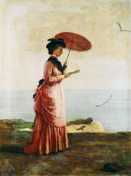 Woman with parasol on the beach of the island of Wight, a book reading (Emily Prinsep) from Valentine Cameron Prinsep