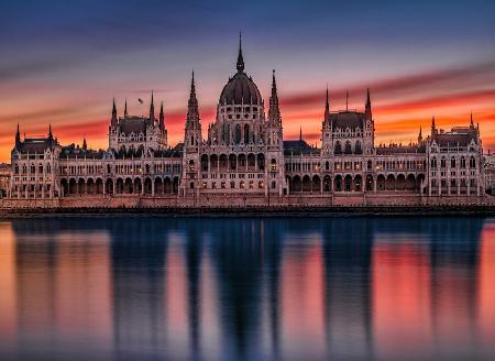 Beautiful Sunrise over the Parliament in Budapest