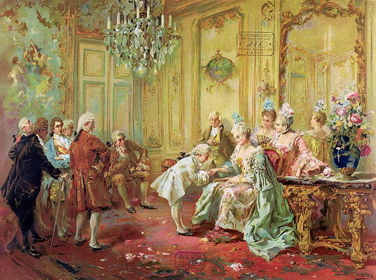 The presentation of the young Mozart to Mme de Pompadour at Versailles in 1763 (colour litho) from Vicente de Paredes