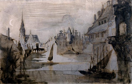 A Port in Flanders (pen & ink, pencil and wash on paper) from Victor Hugo