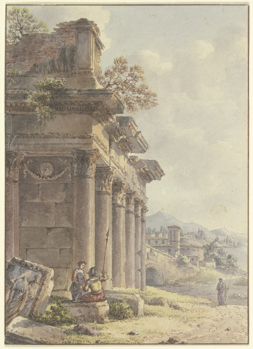 Architektonisches Capriccio: Ruinen einer Tempelfassade, im Hintergrund Landschaft mit Gebäuden und  from Victor Jean Nicolle