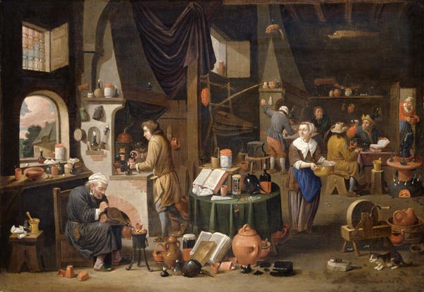 Interior with an alchemist and his assistants. from Victor Mahu