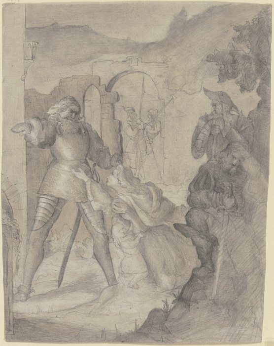 Eine Frau mit einem Kinde kniet flehend vor einem Ritter, daneben andere Ritter und eine Burg from Victor Müller