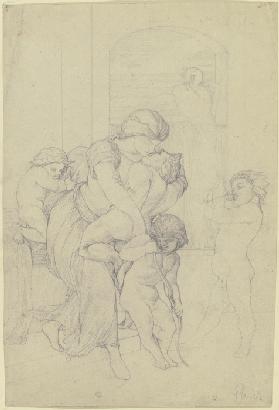 Eine Frau, umgeben von drei Putten, hält eine gnomenhafte männliche Gestalt umschlungen, auf der Fen