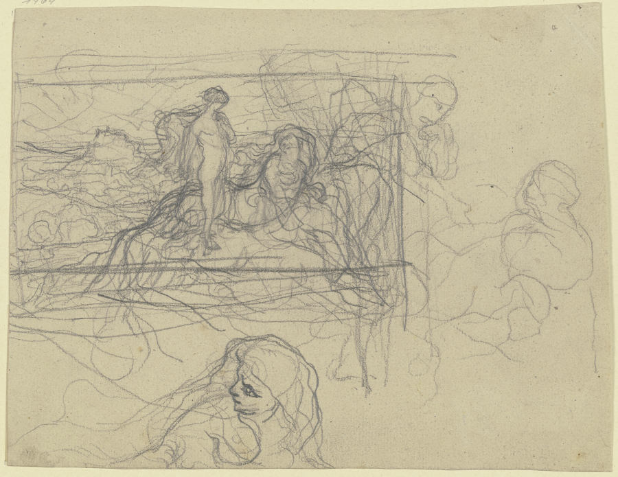 Stehender weiblicher Akt neben einer Sphinx in einer Landschaft, daneben Frauenköpfe from Victor Müller