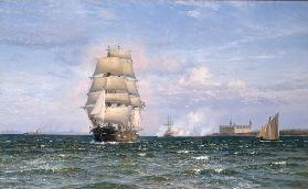 A Danish Barque off Kronborg Slot with Helsengor and the Sw