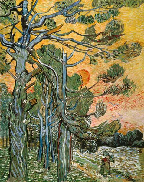 Pines with setting sun and female figure from Vincent van Gogh