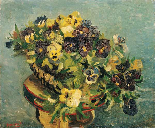 Basket of pansies on a small table from Vincent van Gogh