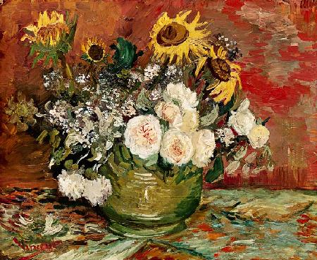 Sunflowers, Roses and other Flowers in a Bowl