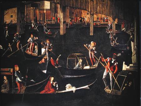 Gondoliers on the Grand Canal, detail from The Miracle of the Relic of the True Cross on the Rialto from Vittore Carpaccio
