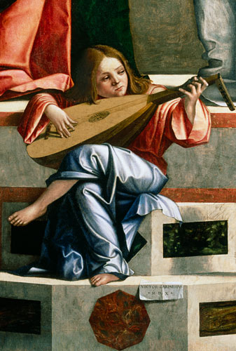 Minstrel angel playing a lute, detail from The Presentation of Jesus in the Temple from Vittore Carpaccio