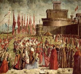 The Pilgrims Meet Pope Cyriac before the Walls of Rome, from the St. Ursula Cycle, 1498 (oil on canv