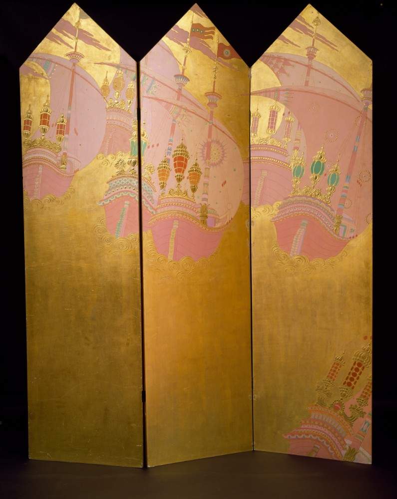 Art deco screen in gilded wood with polychrome galleons, by Vittorio Zecchin from Vittorio Zecchin