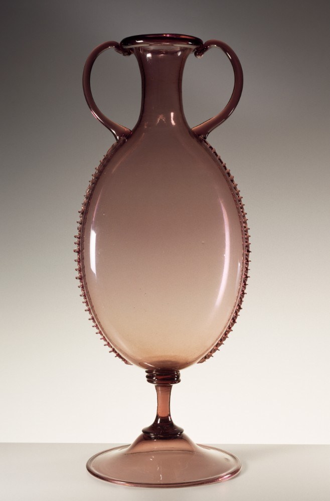Pink glass amphora with notched edging worked using pliers from Vittorio Zecchin
