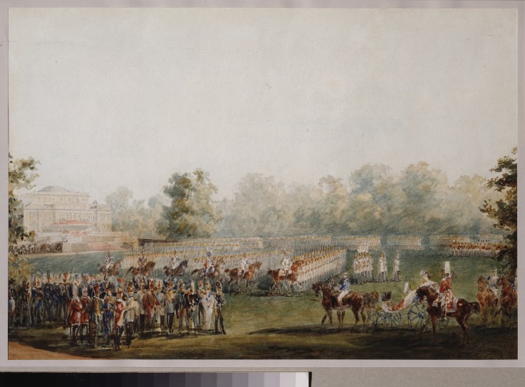 Military review on the meadow at the Yelagin Palace in St. Petersburg from Wassili Sadownikow