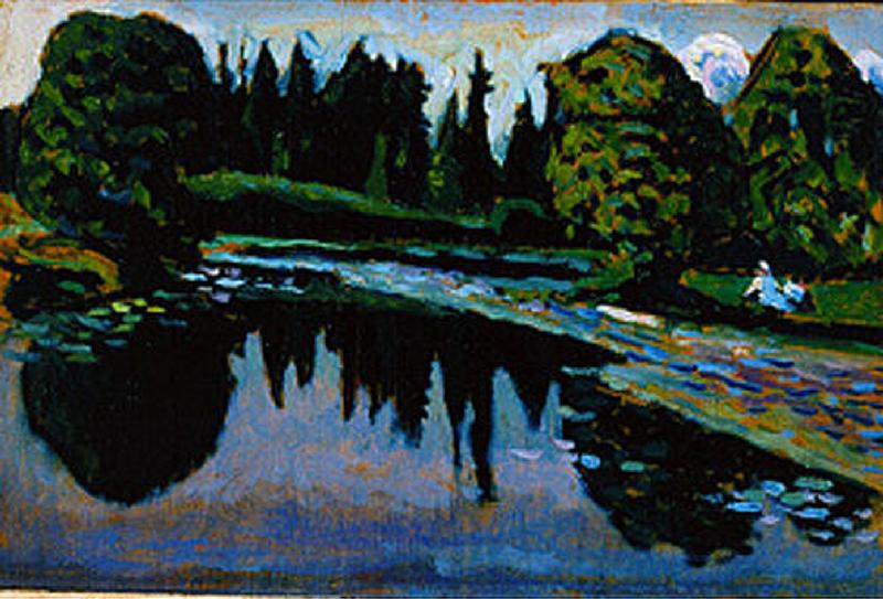 Achtyrka -- park pond with figures in front of 1908 or from Wassily Kandinsky