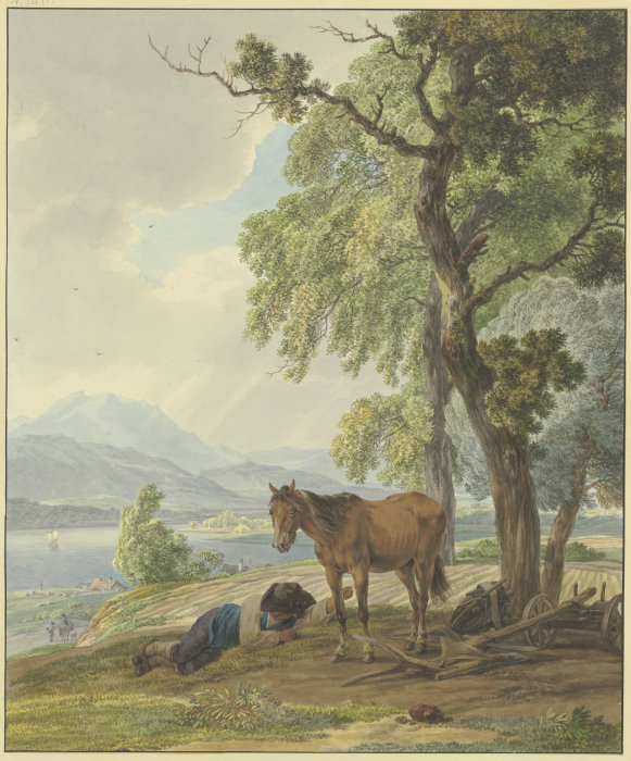 Ruhender Bauer mit seinem Pferd neben dem gepflügten Acker from Wilhelm Alexander Wolfgang von Kobell