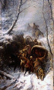 Cossacks with horse-drawn sleighs in a narrow pass from Wilhelm Amandus Beer