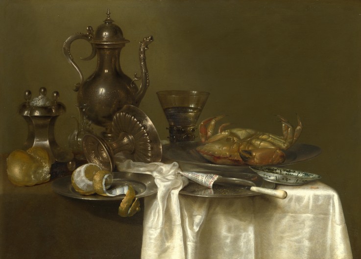 Still Life: Pewter, Silver Vessels and a Crab from Willem Claesz Heda