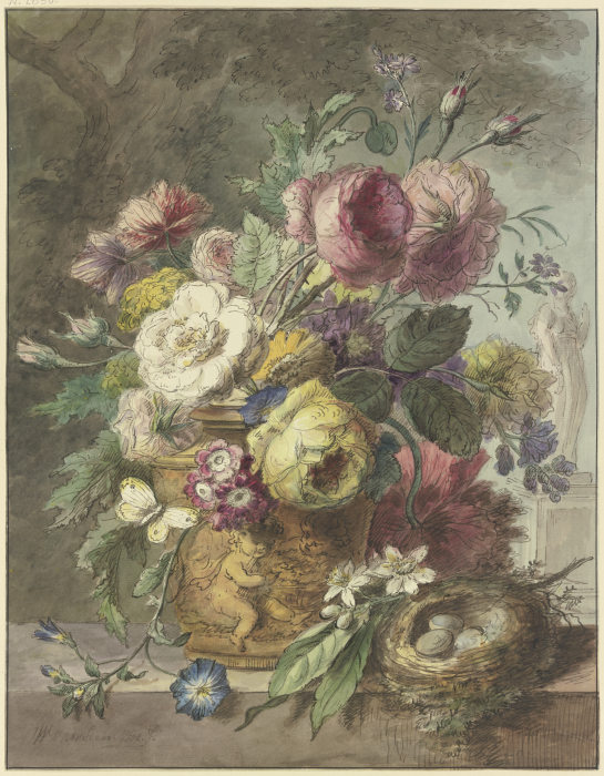 Blumenstrauß in einem figurativ mit einem Putto gestaltenen Topf, dabei ein Vogelnest, im Hintergrun from Willem van Leen