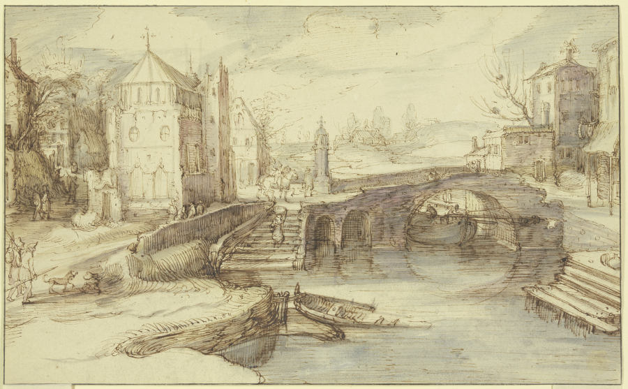 Stadtansicht mit einer Brücke, unter welcher ein Schiff durchfährt, dabei eine Treppe, die eine Frau from Willem van Nieulandt