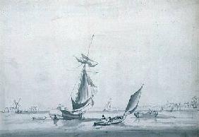 Fishing Boats: Low-lying Shore, with a Windmill to the Left