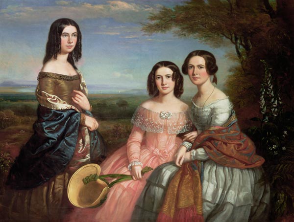 Group portrait of three girls in a landscape from William Baker