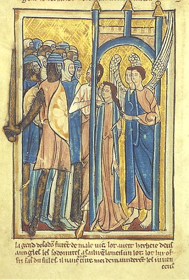 Lot offering his daughters to the inhabitants of Sodom, from a book of Bible Pictures, c.1250 from William de Brailes