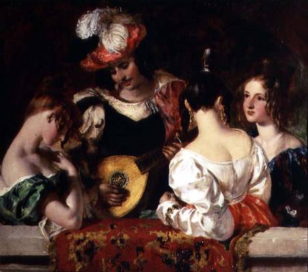 The Lute Player: "When soft notes I the sweet lute inspired, fond fair ones listen'd and my skill ad from William Etty