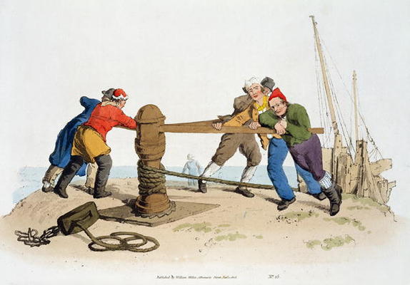 Fishermen at a Capstan, from 'Costume of Great Britain', published by William Miller, 1805 (colour l from William Henry Pyne