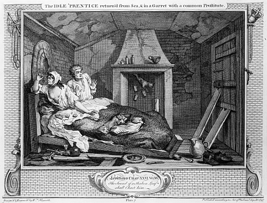 The Idle ''Prentice Returned from Sea, and in a Garret with a common Prostitute'', plate VII of ''In from William Hogarth