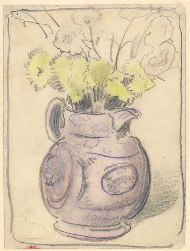 Vase of flowers: yellow chrysanthemums in a lustre jug from William Nicholson