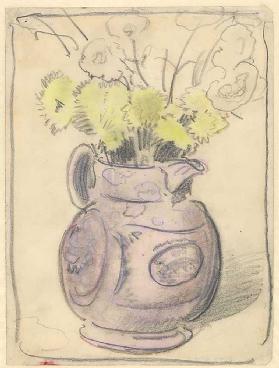 Vase of flowers: yellow chrysanthemums in a lustre jug