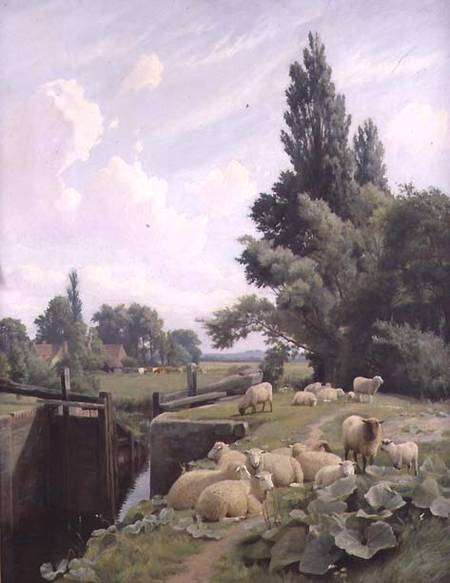 Landscape with a Canal Lock and a Flock of Sheep from William Sidney Cooper
