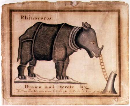 'Rhinoceros, drawn and wrote by William Twiddy who never had the use of hands or feet' from William Twiddy