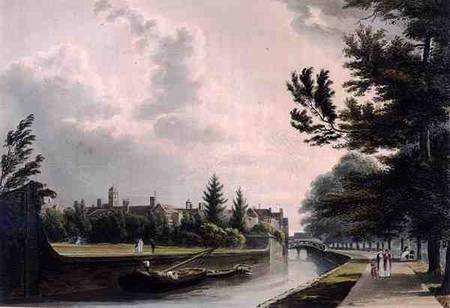 Exterior of Queen's College from the Private Walk, Cambridge, form 'The History of Cambridge', engra from William Westall