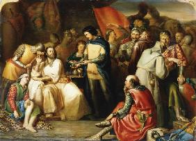 Szene im Zelt des 'Schwarzen Prinzen' Edward of Woodstock nach der Schlacht bei Maupertuis, König Jo