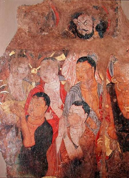 Group of monks and Buddha, from the Shikshin Monastery, Karashar from Xingjiang
