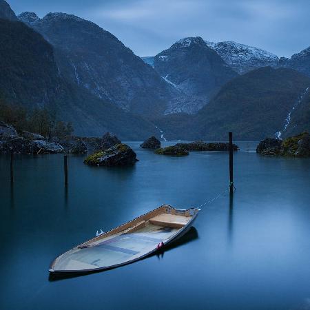 Twilight on the lake at the glacier Folgefonna
